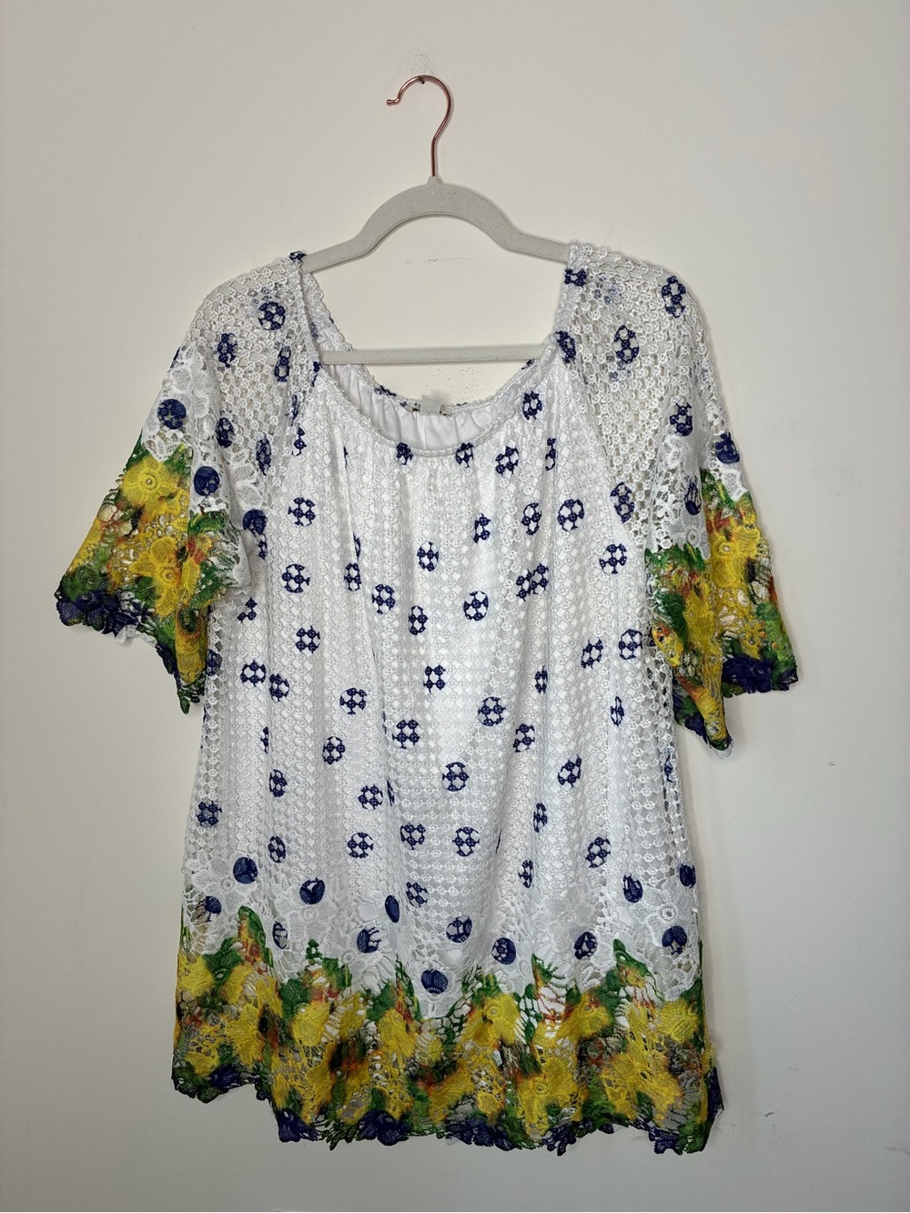 Vintage, EST 1846, White Eyelet Tunic with Yellow Floral Border. Vacation, Chic.